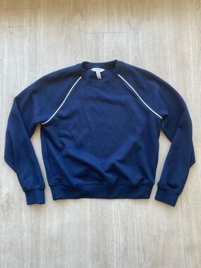 SPANX Navy Blue Crewneck Sweatshirt White Piping Women's XS Size Petite EUC